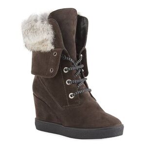 Aquatalia Cordelia Suede Wedge Boots w/ Rabbit Fur in Grey - sz 9M
